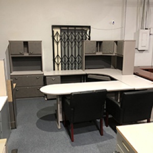 full desk set up with u shape desk and hutch